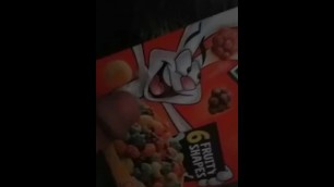 Cumming on Trix Rabbit Cereal Box