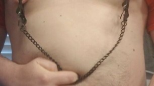 Bouncing my fat belly with nipple clamps on
