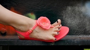 Feet 043 - Black Pedicured Toes Exposed Wearing Pink Sandals